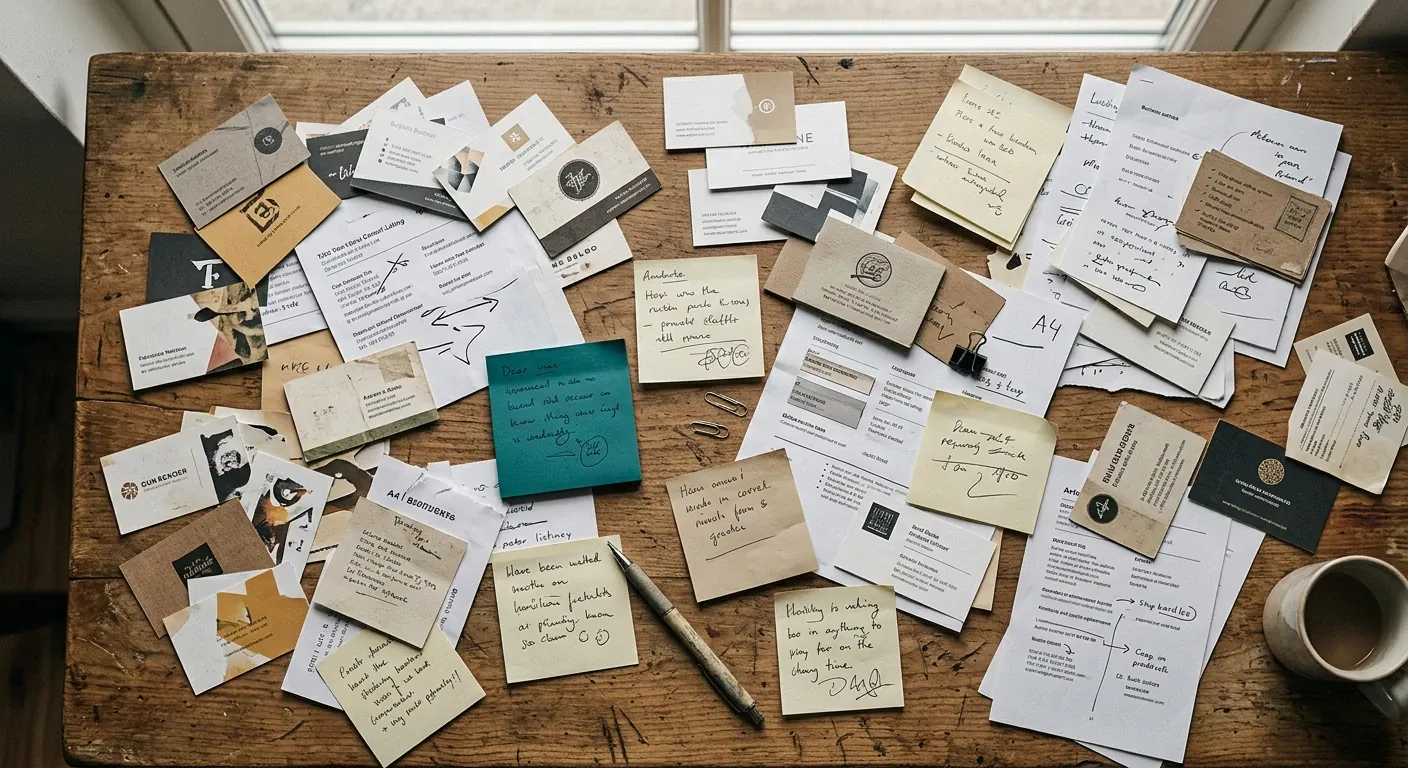 Scattered, mismatched business listings and sticky notes showing inconsistent information
