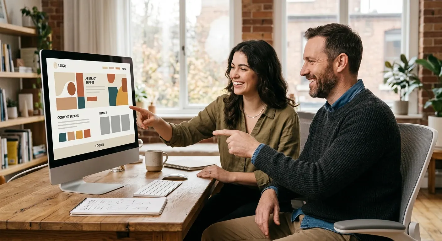 Designer and business owner reviewing a clean, clear website layout together