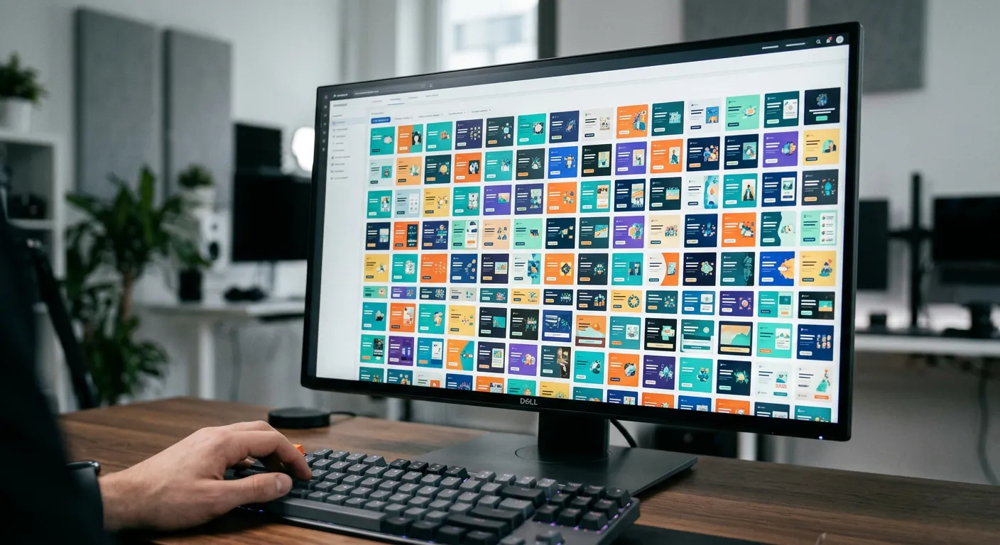 High-speed content production — multiple ad variations displayed on a screen