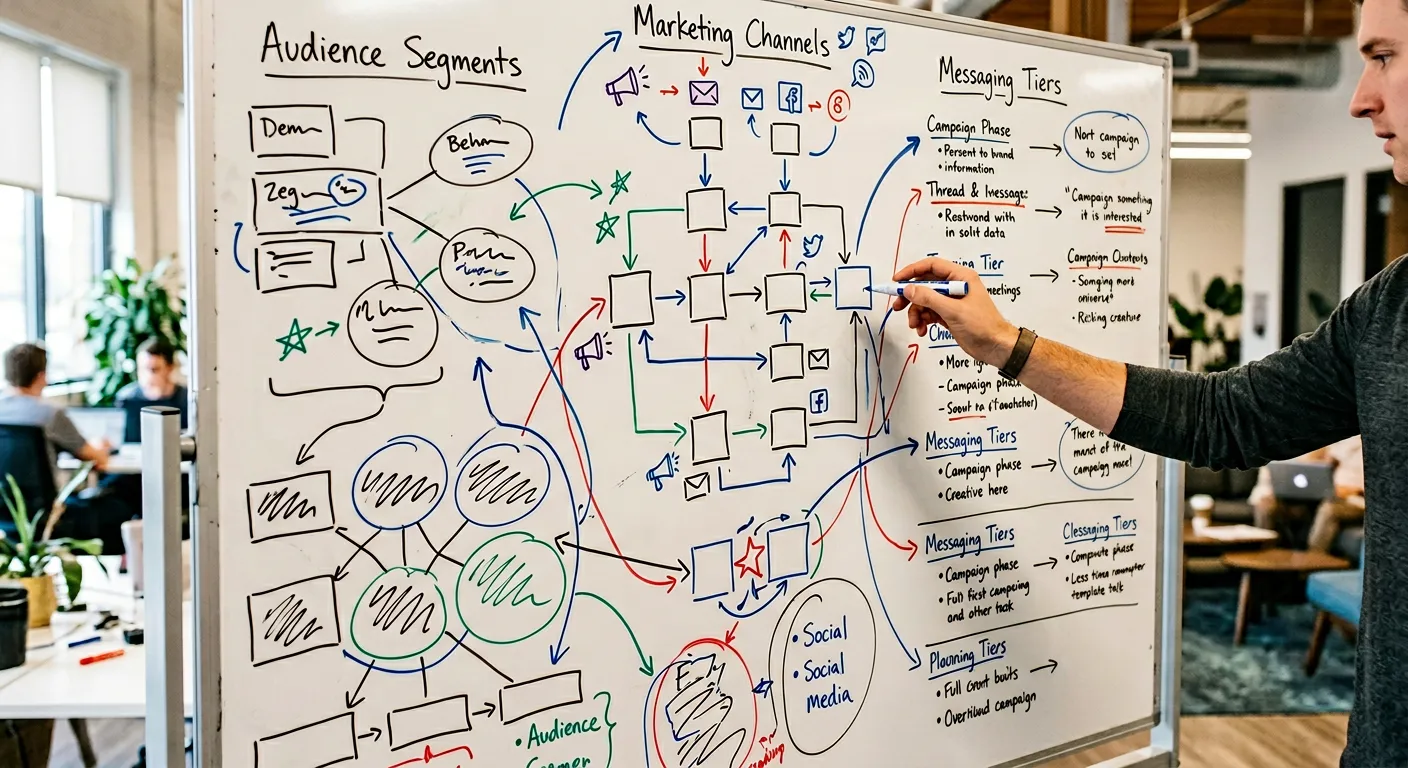 Whiteboard showing a marketing strategy framework with audience, message, and channel mapping