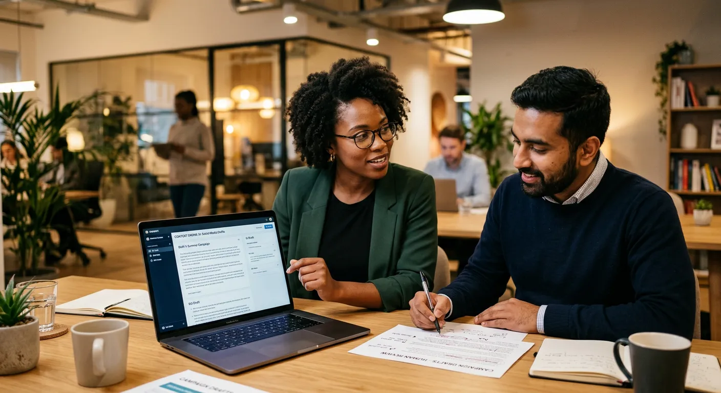 Marketing team reviewing AI-generated content drafts and making strategic edits