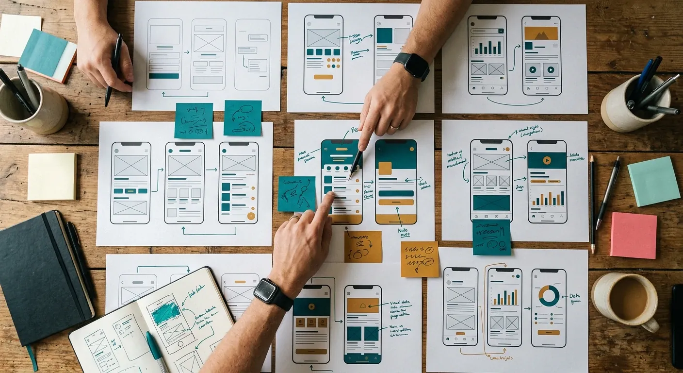 App screens printed and laid out on a table with sticky notes marking UX issues
