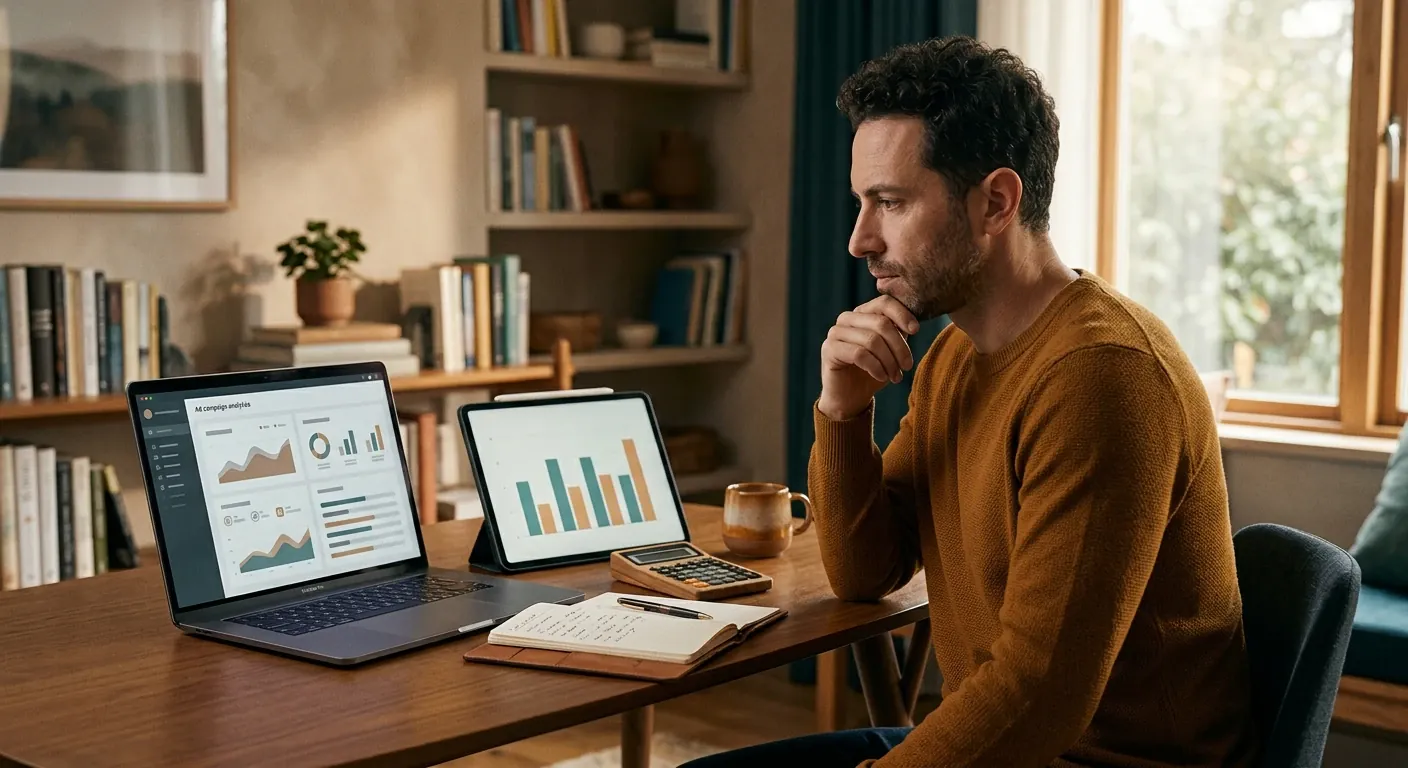 Founder reviewing a budget spreadsheet next to an ad campaign dashboard
