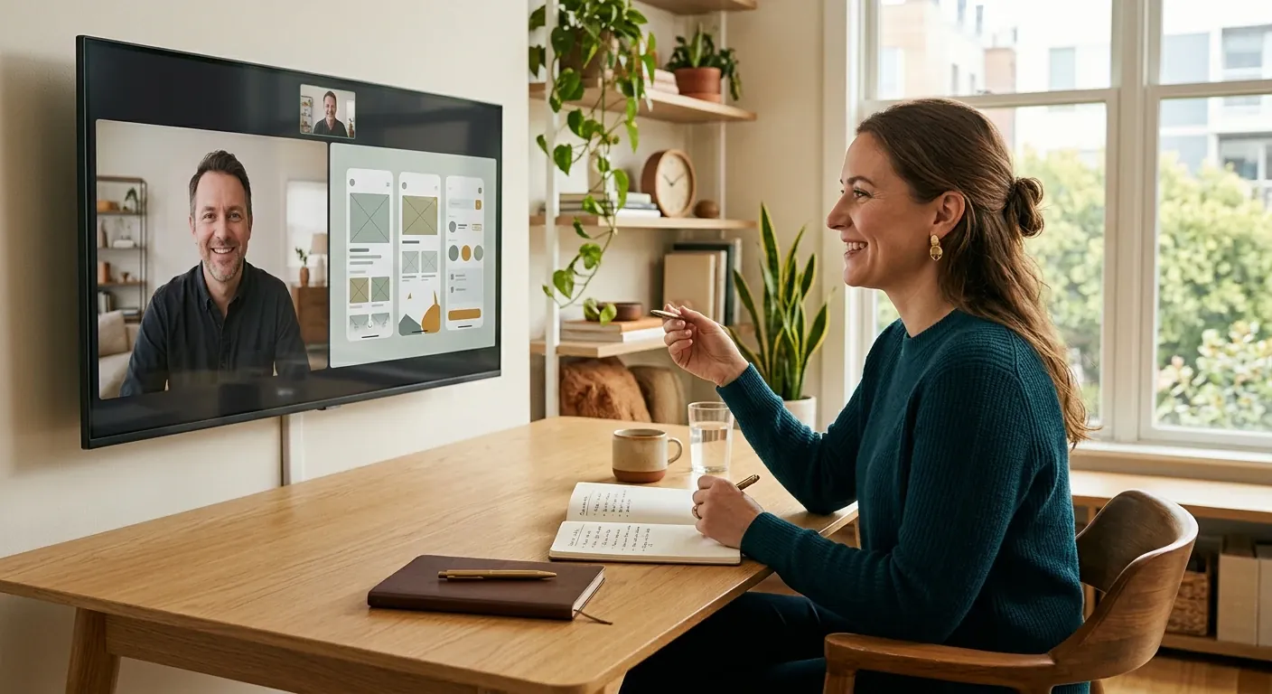 UX consultant and founder on a video call reviewing app screens together