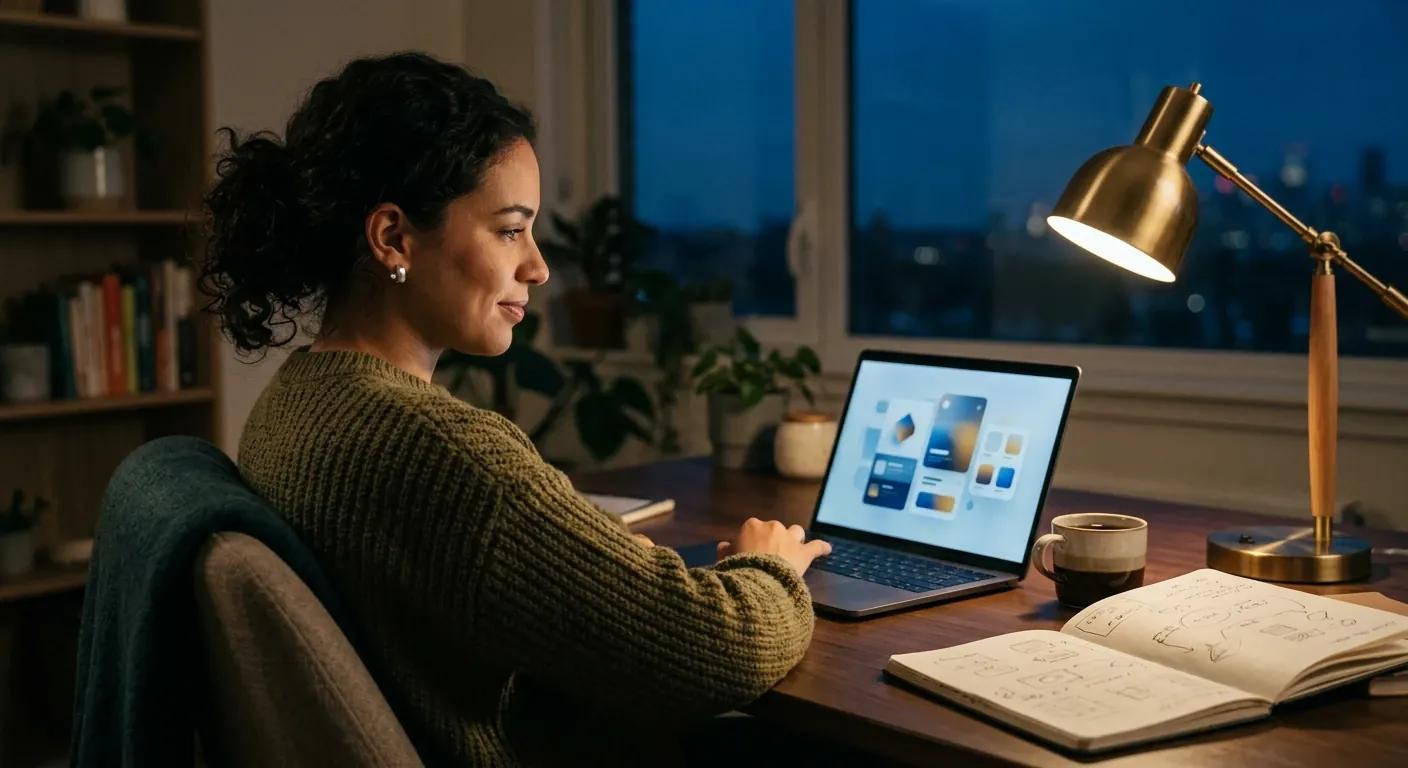 Founder at a laptop late at night looking at a freshly built app prototype