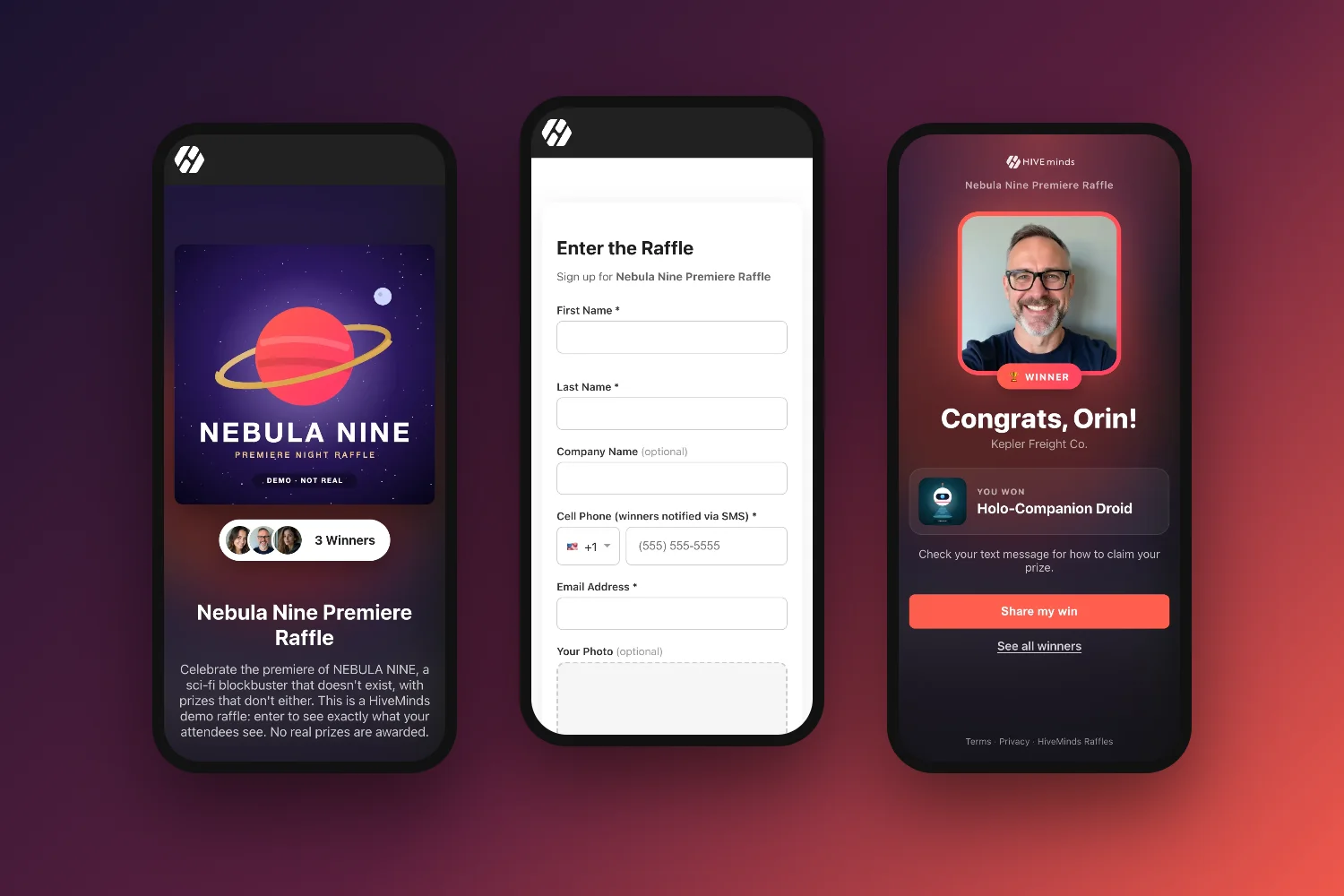 HiveMinds Raffles mobile raffle page, entry form and winner page