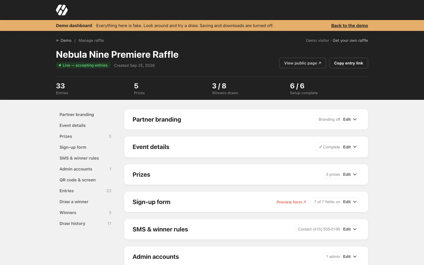 HiveMinds Raffles organizer dashboard
