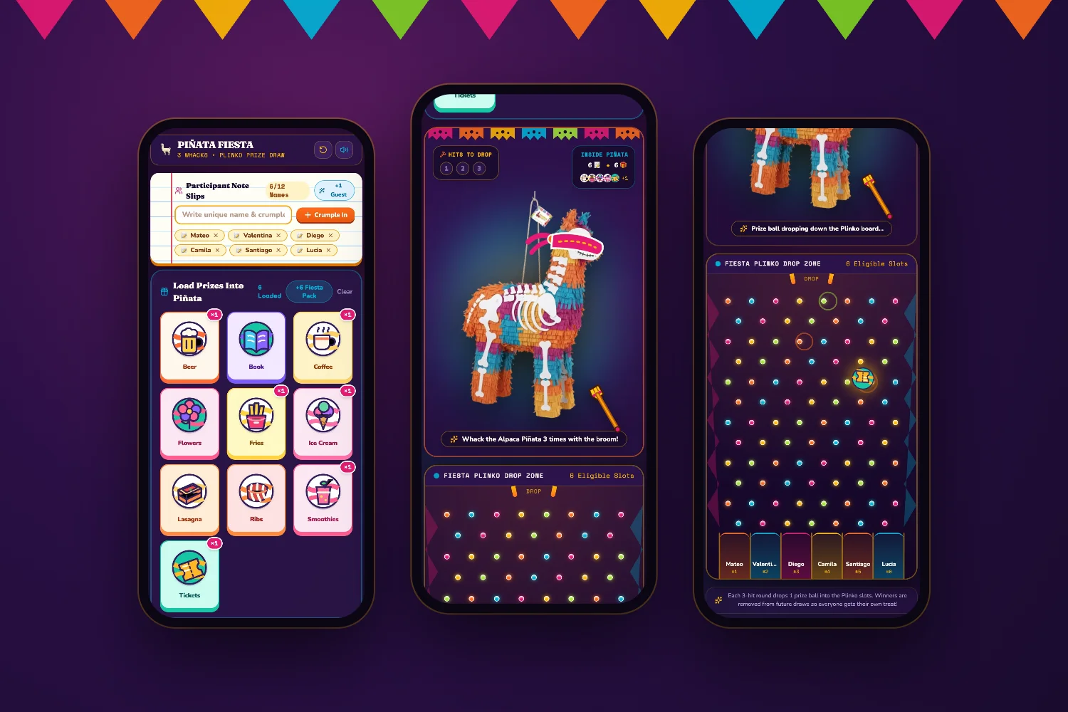 Piñata Fiesta setup, piñata and Plinko drop on mobile